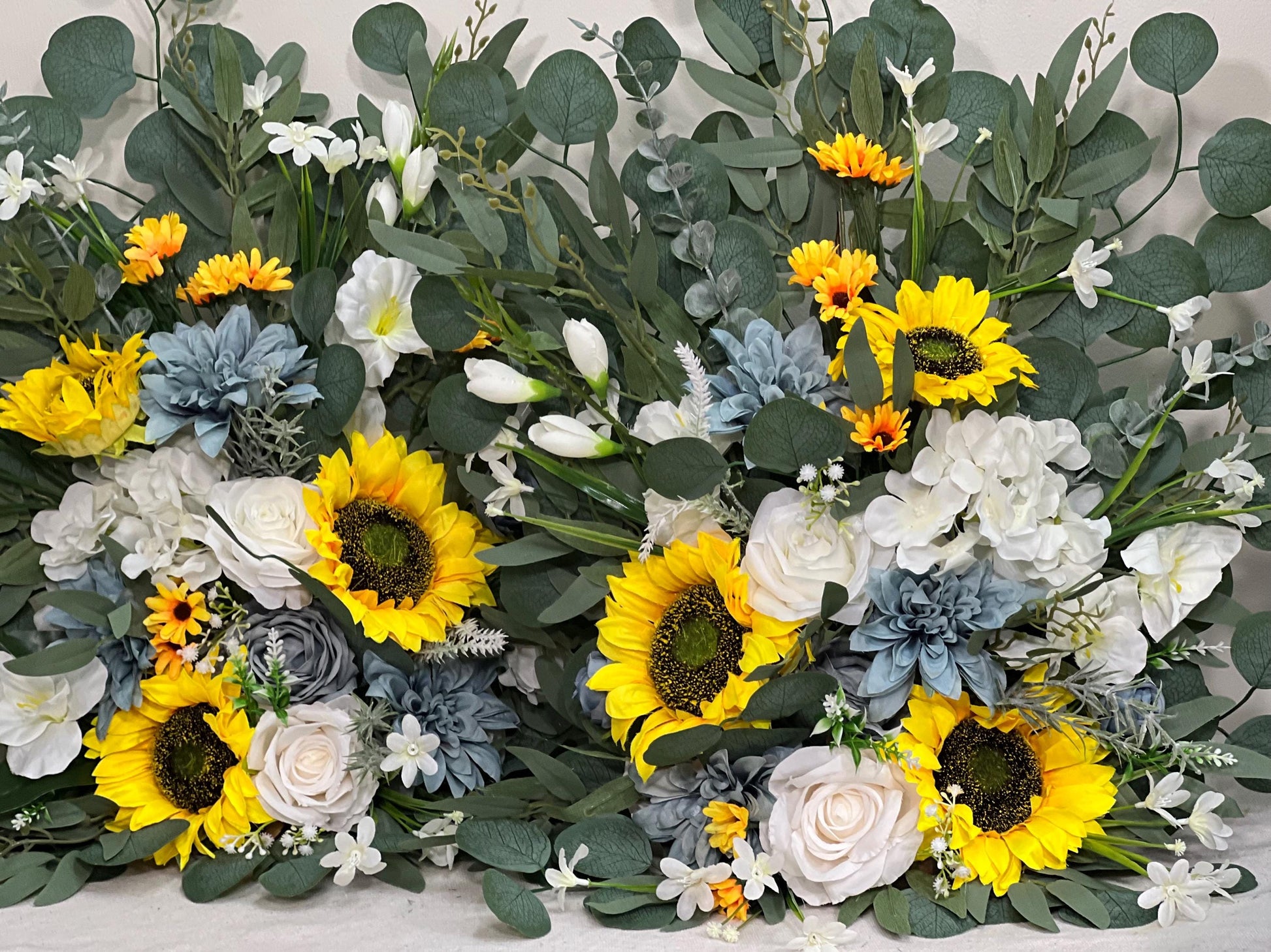Sunflower Aisle Marker Wedding White Dusty Blue Ground Arch Floor Decor Rustic Ivory Yellow Sunflower Fall Eucalyptus Barrel Whiskey Flower