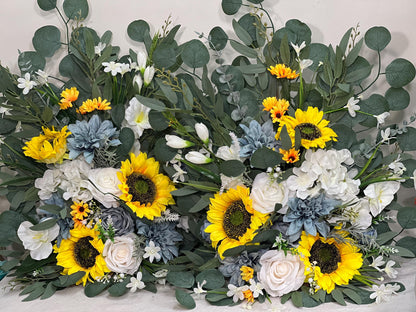 Sunflower Aisle Marker Wedding White Dusty Blue Ground Arch Floor Decor Rustic Ivory Yellow Sunflower Fall Eucalyptus Barrel Whiskey Flower