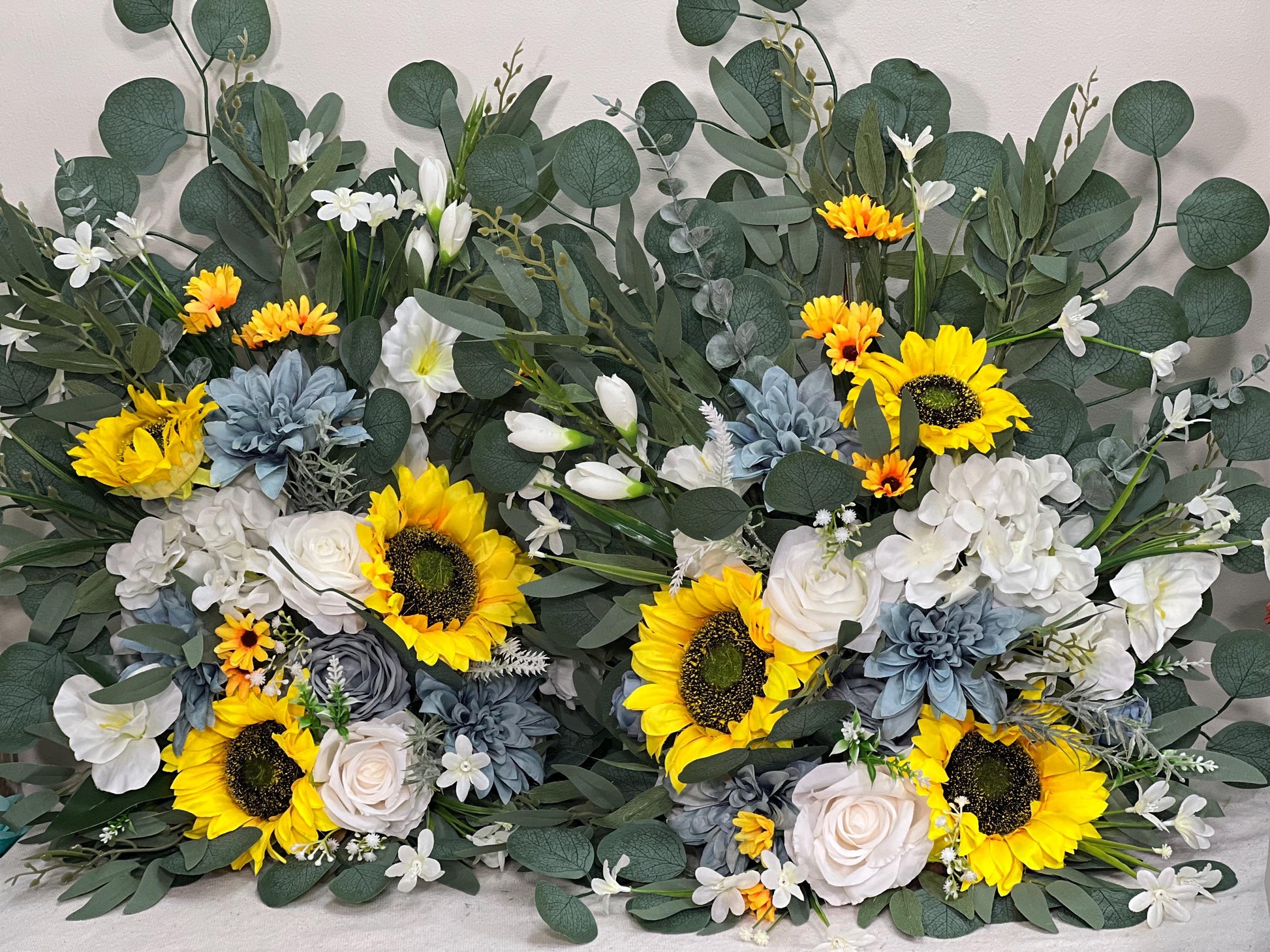 Sunflower Aisle Marker Wedding White Dusty Blue Ground Arch Floor Decor Rustic Ivory Yellow Sunflower Fall Eucalyptus Barrel Whiskey Flower
