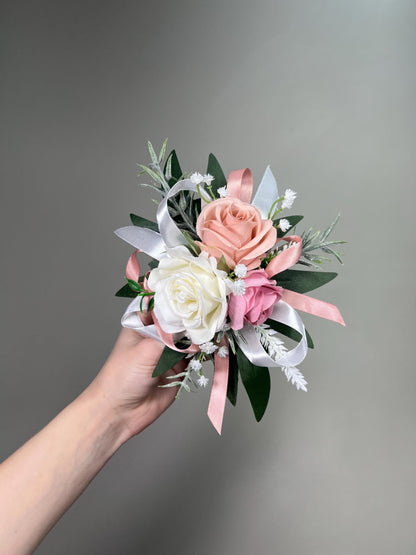 Pin on Corsage White Dusty Rose Wedding Bridesmaids Corsage Mother Prom Dusty Pink Blush Ivory Baby Breath Greenery Artificial Flower