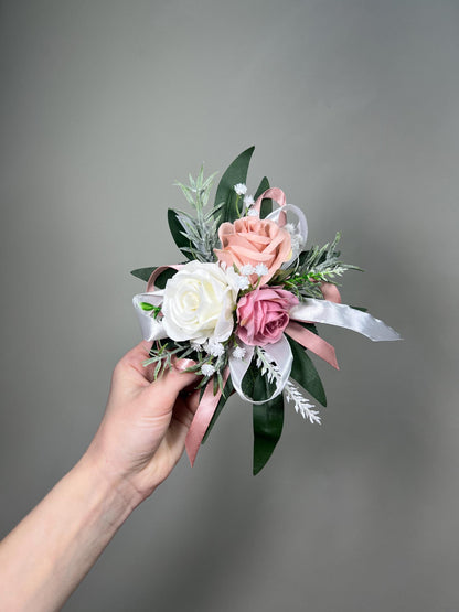Pin on Corsage White Dusty Rose Wedding Bridesmaids Corsage Mother Prom Dusty Pink Blush Ivory Baby Breath Greenery Artificial Flower