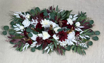 Christmas Centerpiece Wedding White Burgundy Table Decor Arrangement Pine Cone Sweetheart Winter Ivory Gold Pine Tree Wine Red Artificial