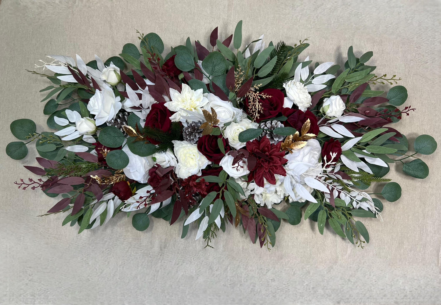 Christmas Arch Arrangement Wedding White Burgundy Arbor Arrangement Pine Cone Backdrop Winter Ivory Gold Pine Tree Wine Red Artificial