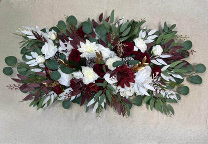 Christmas Arch Arrangement Wedding White Burgundy Arbor Arrangement Pine Cone Backdrop Winter Ivory Gold Pine Tree Wine Red Artificial