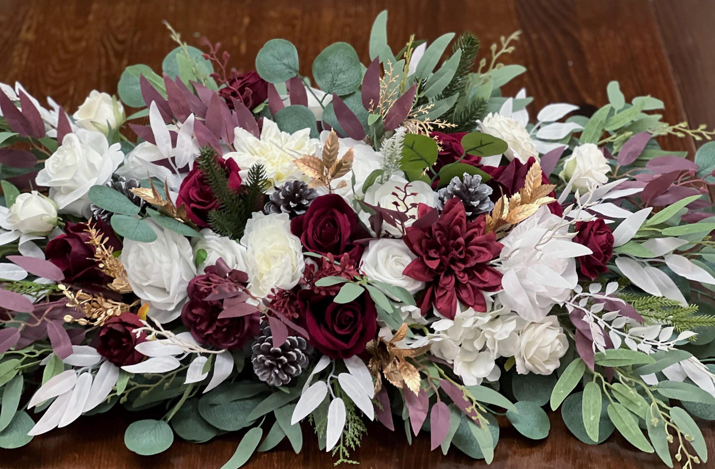 Christmas Centerpiece Wedding White Burgundy Table Decor Arrangement Pine Cone Sweetheart Winter Ivory Gold Pine Tree Wine Red Artificial