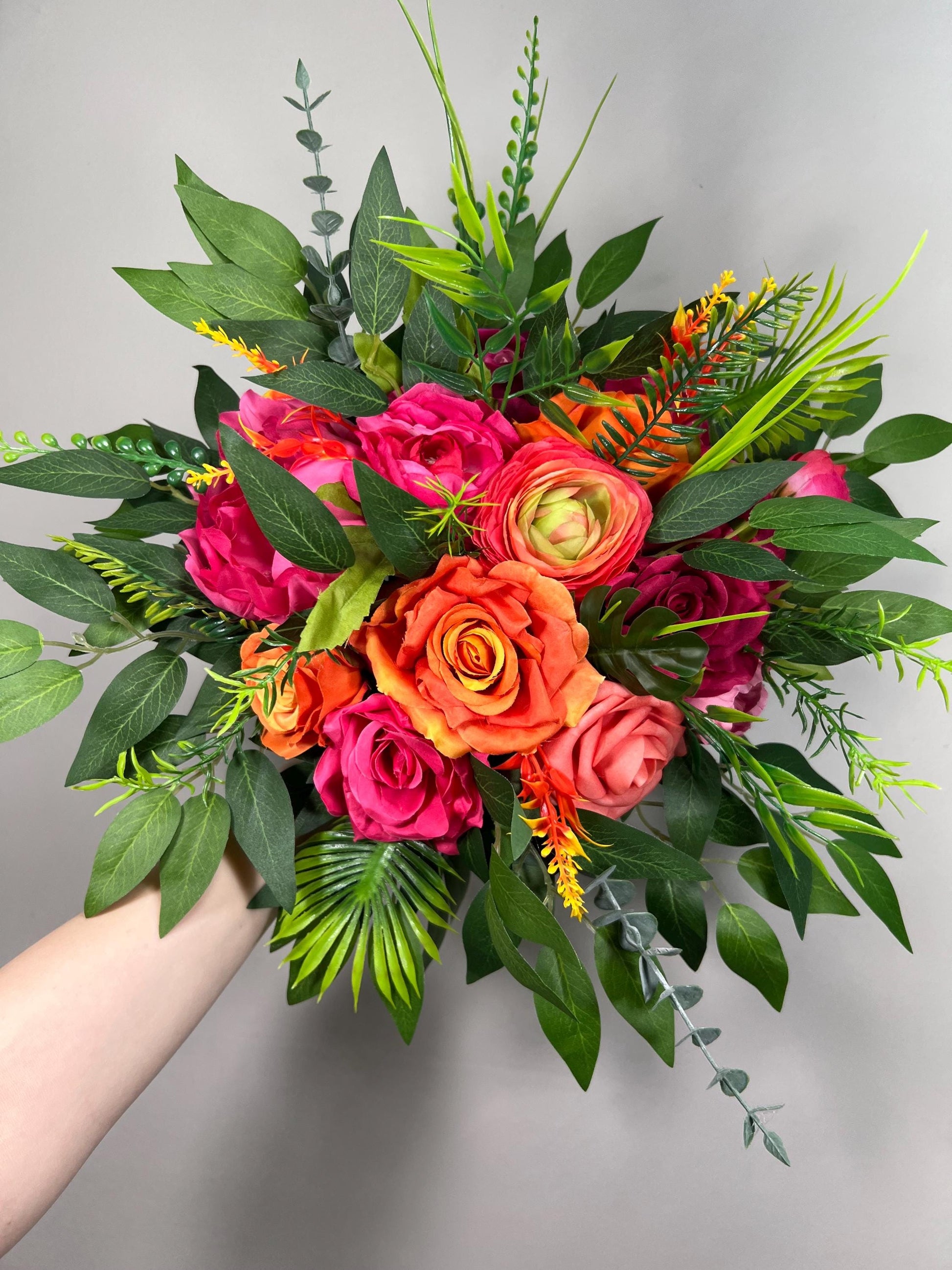 Tropical Bouquet Wedding Hot Pink Orange Bridal Vibrant Bouquet Summer Bridesmaids Ranunculus Fuchsia Magenta Burnt Orange Coral Artificial