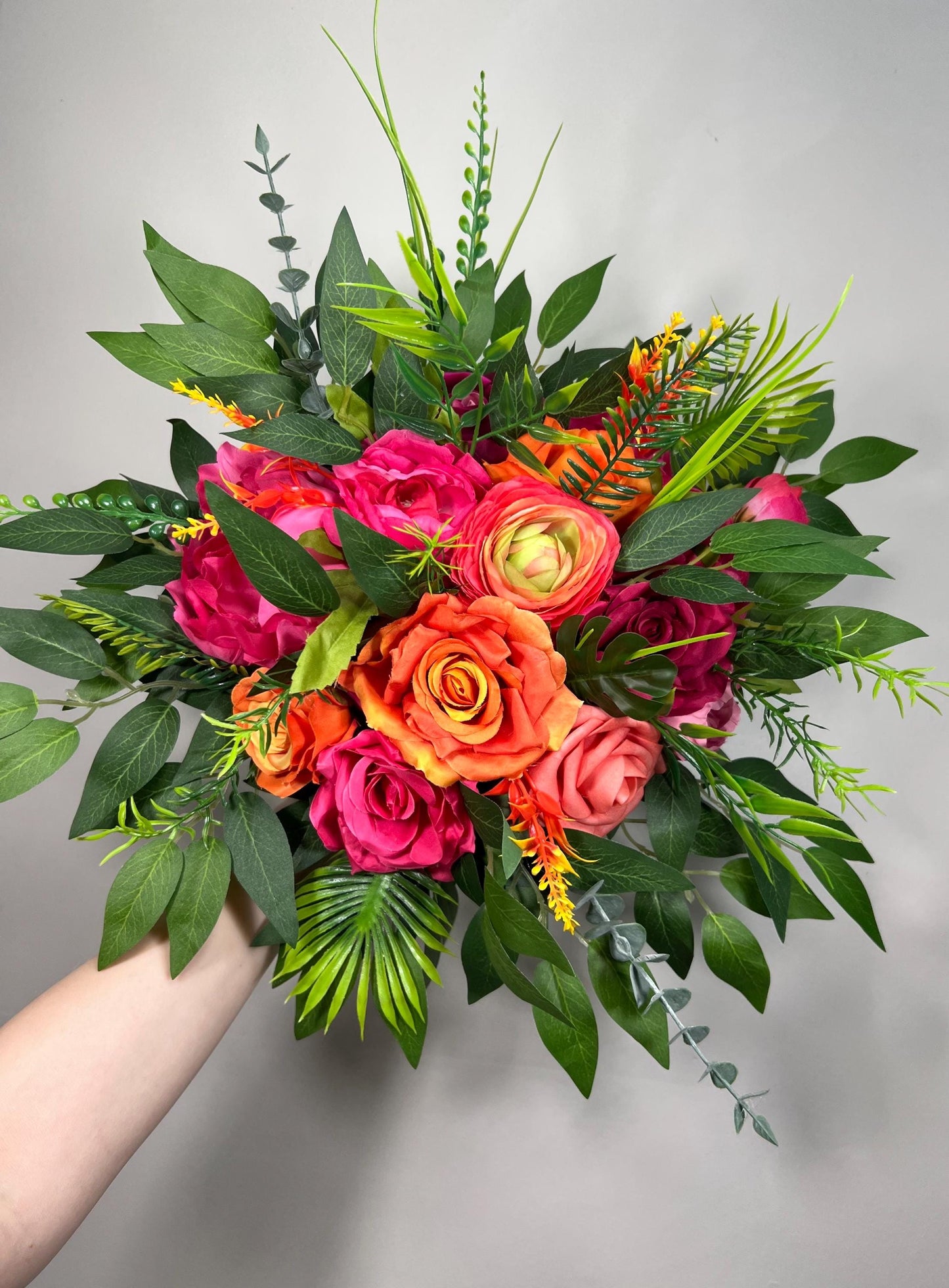 Tropical Bouquet Wedding Hot Pink Orange Bridal Vibrant Bouquet Summer Bridesmaids Ranunculus Fuchsia Magenta Burnt Orange Coral Artificial