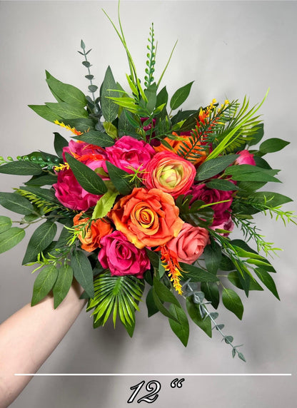Orange Pink Cascading Bouquet Wedding Bridal Hot Pink Cascade Tropical Bridesmaids Bouquet Fuchsia Burnt Orange Ranunculus Magenta