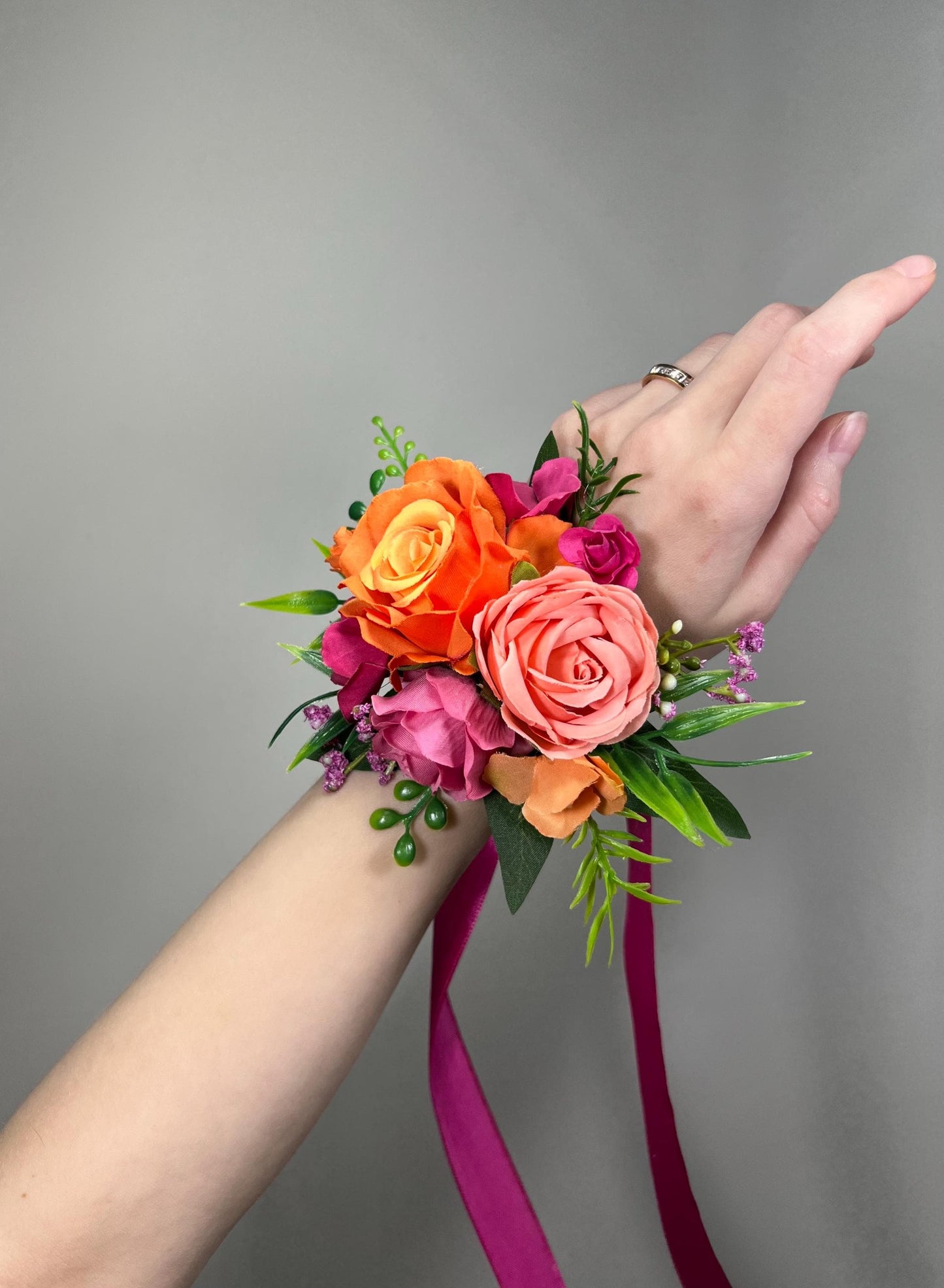 Orange Coral Corsage Wedding Bridesmaids Tropical Beach Wrist Corsage Hot Pink Mom Prom Fuchsia Magenta Wristlet Bright Artificial Flower