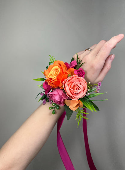 Hot Pink Orange Corsage Wedding Fuchsia Burnt Orange Tropical Beach Wrist Corsage Prom Bridesmaids Mother Coral Bright Wristlet Eucalyptus