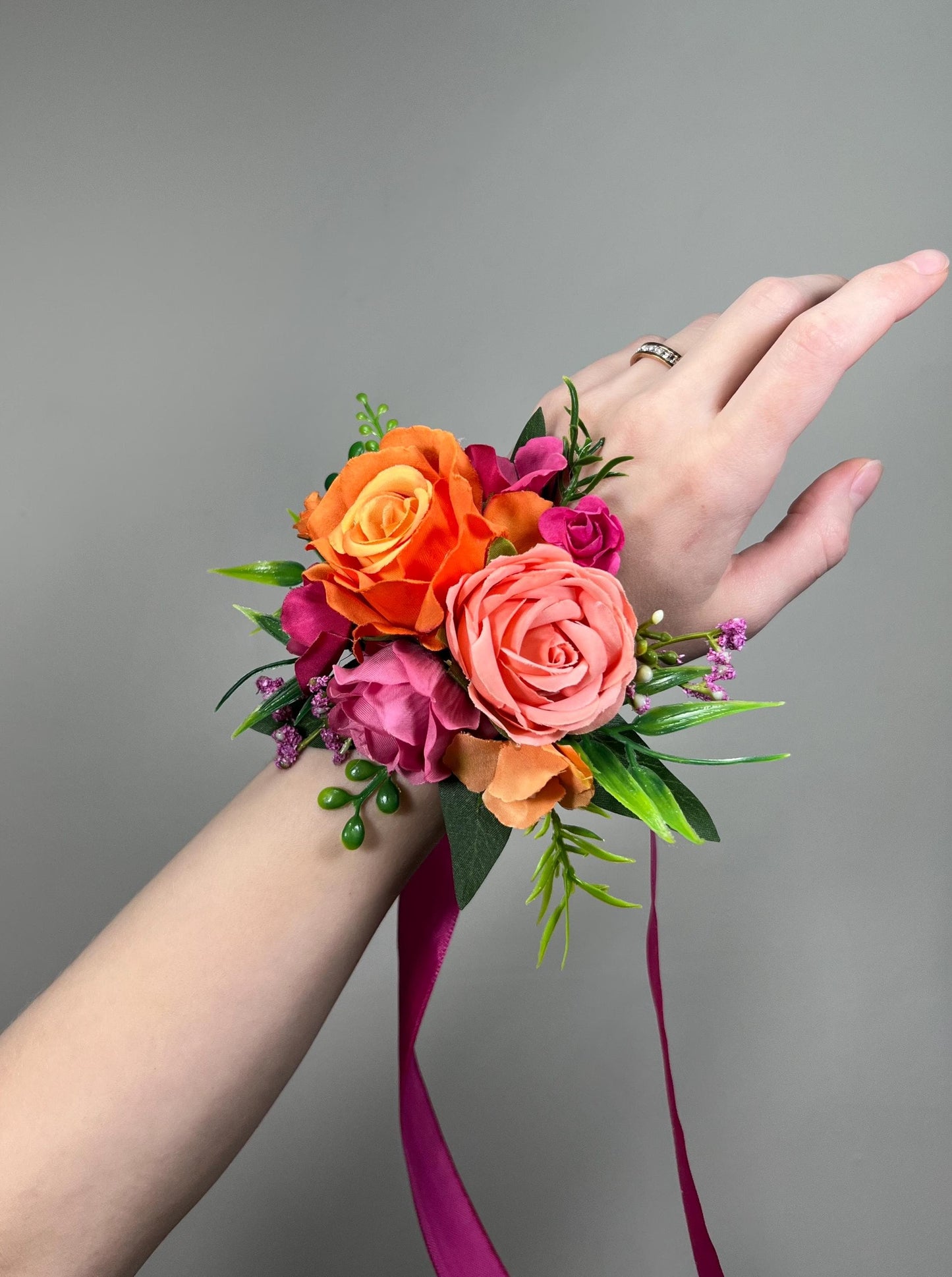 Hot Pink Orange Corsage Wedding Fuchsia Burnt Orange Tropical Beach Wrist Corsage Prom Bridesmaids Mother Coral Bright Wristlet Eucalyptus