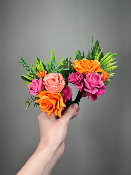 Hot Pink Orange Boutonniere Wedding Groom Tropical Boutonnière Fuchsia Coral Orange Bright Groomsmen Prom Magenta Artificial Flower