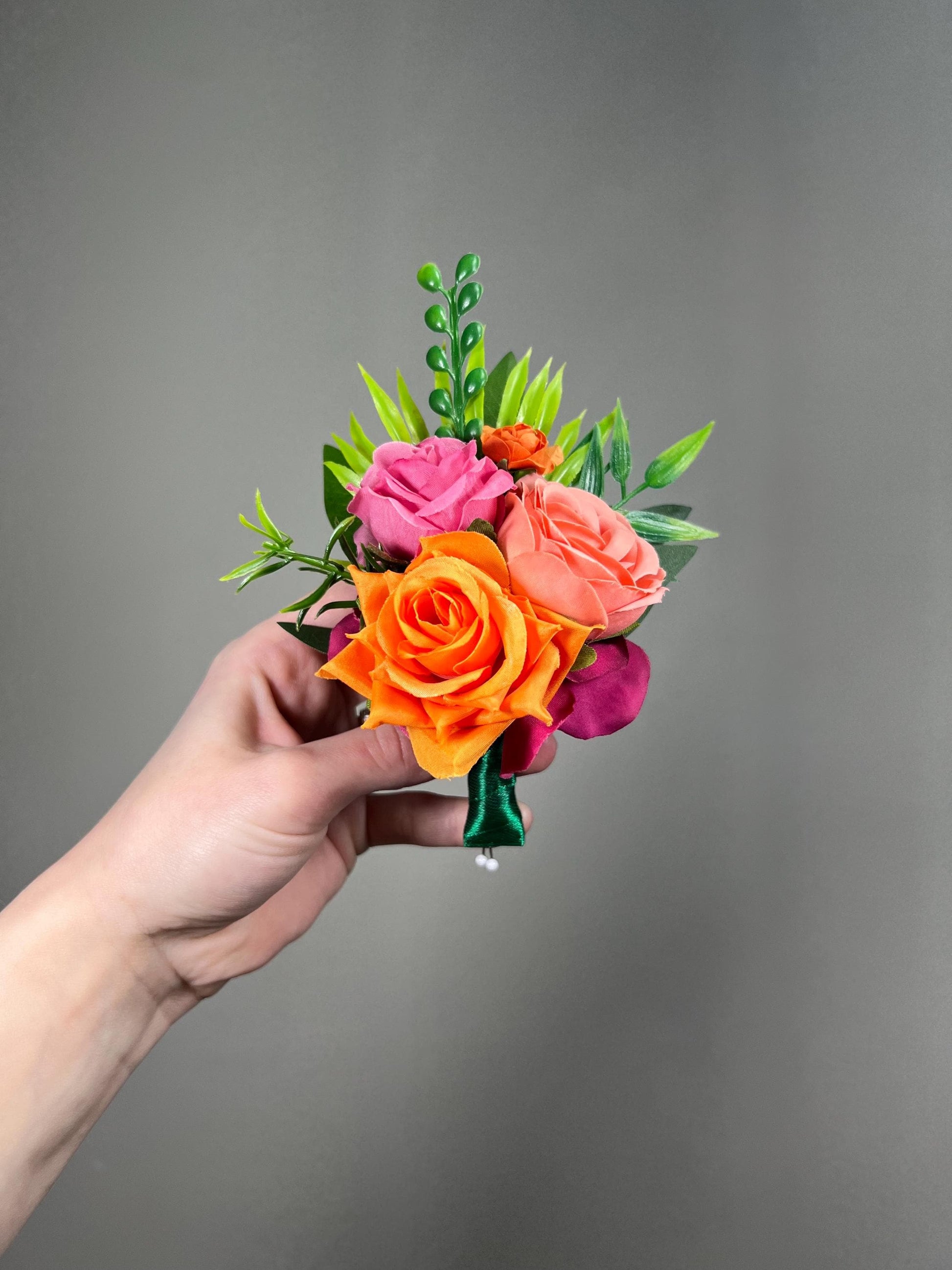Hot Pink Orange Corsage Wedding Fuchsia Burnt Orange Tropical Beach Wrist Corsage Prom Bridesmaids Mother Coral Bright Wristlet Eucalyptus