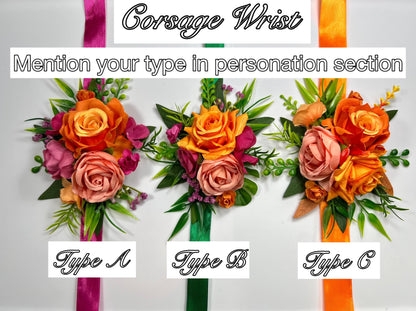 Hot Pink Orange Boutonniere Wedding Groom Tropical Boutonnière Fuchsia Coral Orange Bright Groomsmen Prom Magenta Artificial Flower