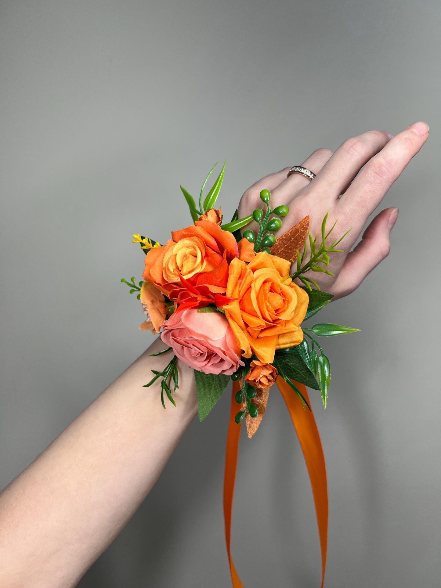 Orange Coral Corsage Wedding Bridesmaids Tropical Beach Wrist Corsage Hot Pink Mom Prom Fuchsia Magenta Wristlet Bright Artificial Flower