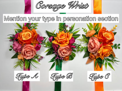 Tropical Bouquet Wedding Hot Pink Orange Bridal Vibrant Bouquet Summer Bridesmaids Ranunculus Fuchsia Magenta Burnt Orange Coral Artificial