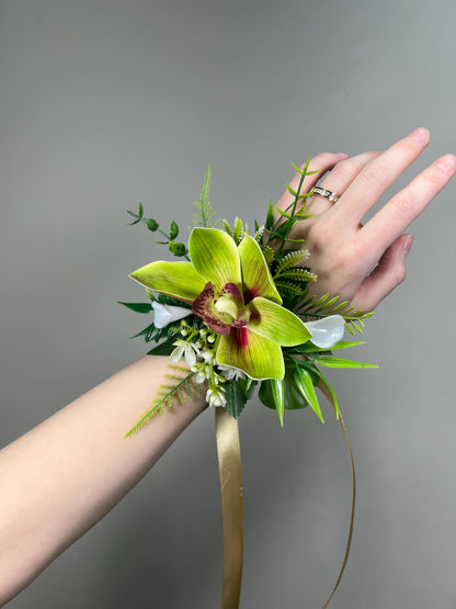 Orchid Corsage Green Wedding Tropical Beach Groom Wrist Corsage Prom Cymbidium Mother Orchid Greenery Fern Mostera Bridesmaids Artificial