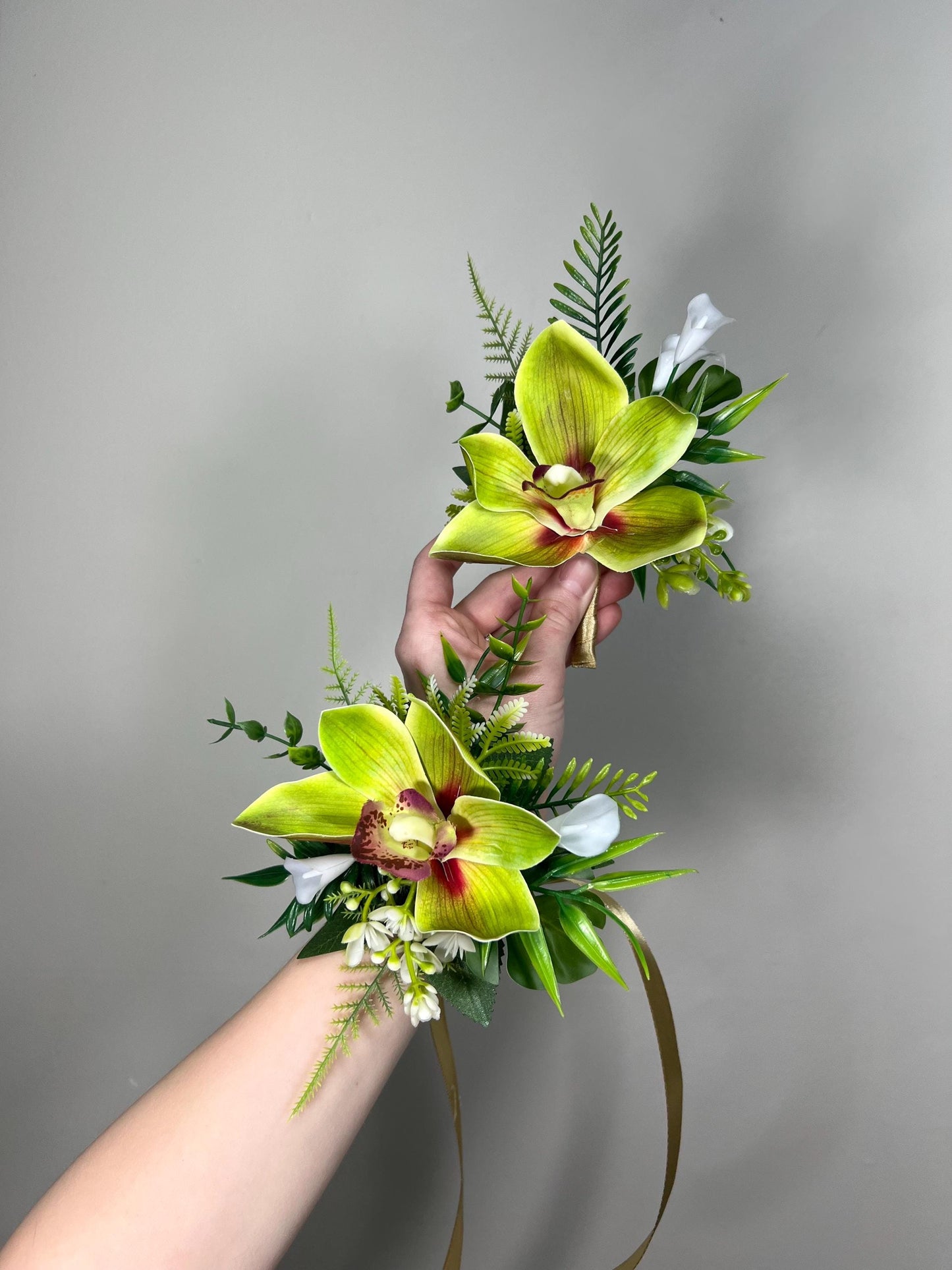Orchid Corsage Green Wedding Tropical Beach Groom Wrist Corsage Prom Cymbidium Mother Orchid Greenery Fern Mostera Bridesmaids Artificial