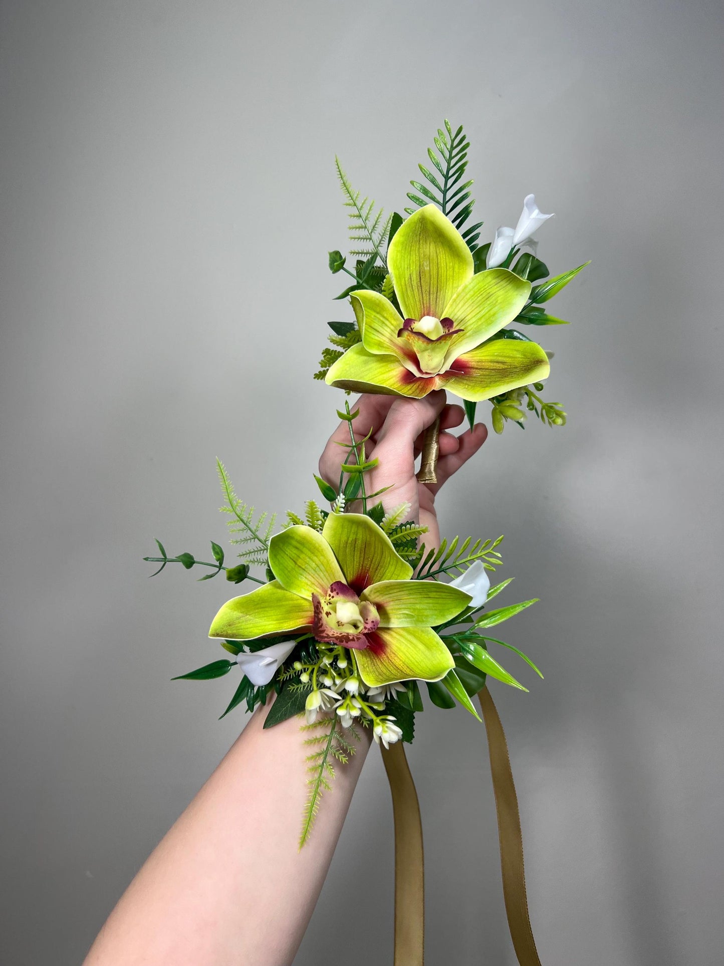 Orchid Corsage Green Wedding Tropical Beach Groom Wrist Corsage Prom Cymbidium Mother Orchid Greenery Fern Mostera Bridesmaids Artificial