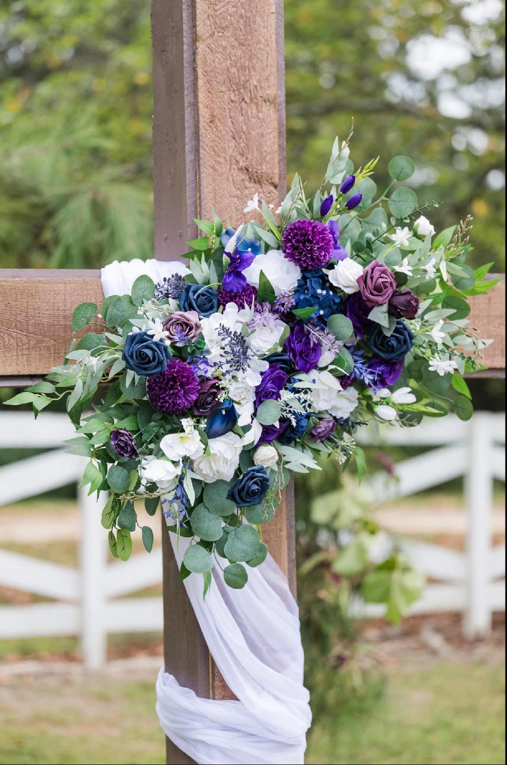 Purple White Navy Blue Arch Arrangement Wedding Deep Purple Royal Navy Blue Arbor Arrangement Ivory Eucalyptus Dark Blue Plum Artificial
