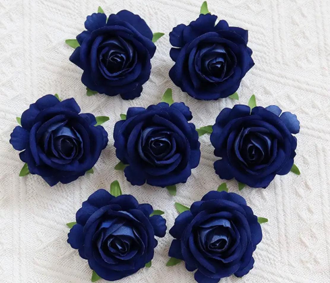 Navy Blue Rose 2.5” Small Artificial Dark Blue Flower Head Royal Blue DIY Bouquet Supplies Craft Wedding Midnight Blue Silk Flowers