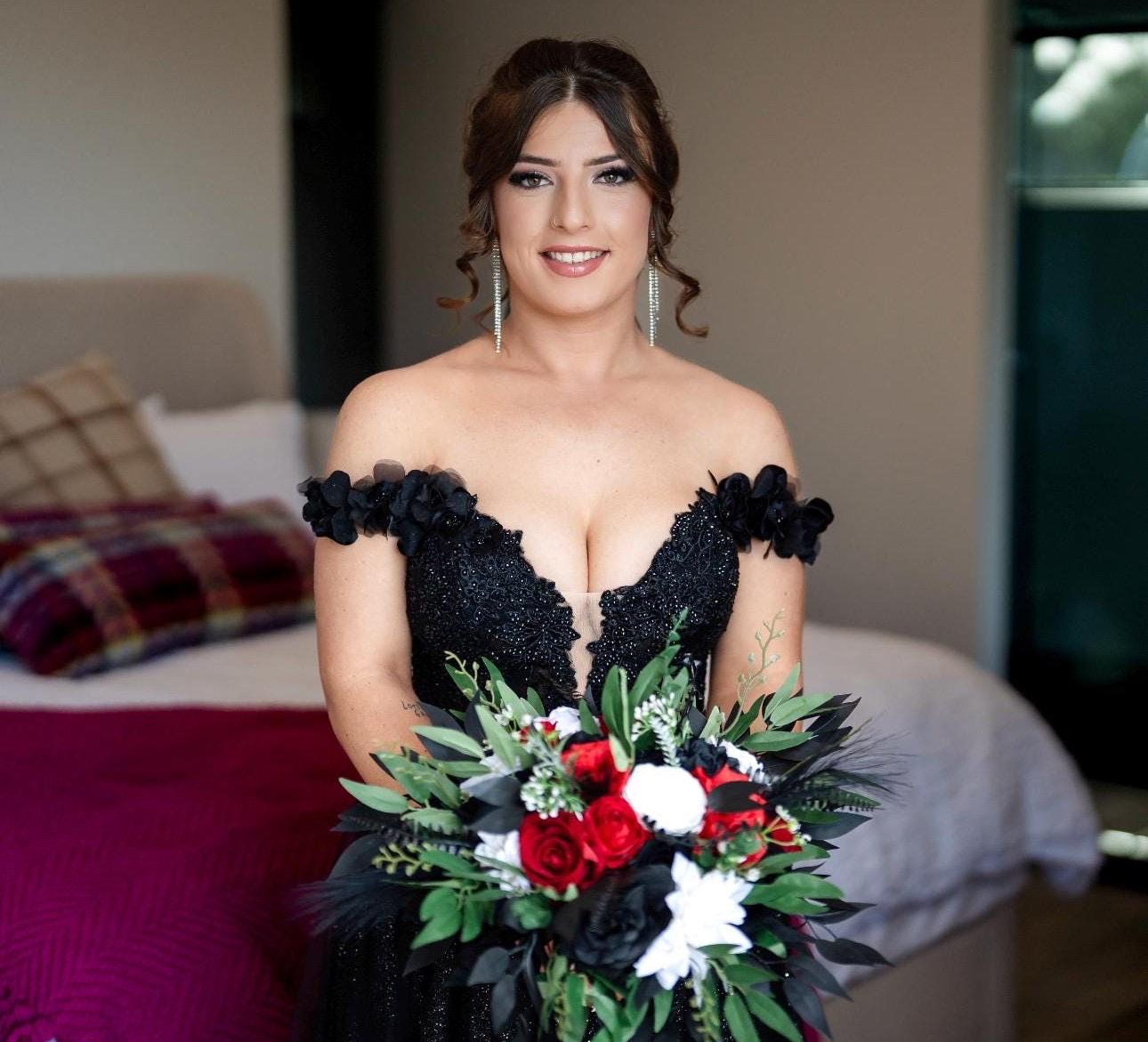 Black Red Bouquet White Wedding Bridal Gothic Bridesmaids Bouquet Dark Red Black Ivory Eucalyptus Baby Breath Artificial Flowers