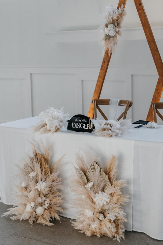 Set of 2 Wedding Aisle Marker Flower Floor Arrangement Whiskey Barrel Décor White Boho Pampas Grass Standing Arch Palm Leaves