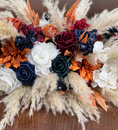 Burnt Orange White Navy Blue Centerpiece Wedding Table Decor Dark Teal Terracotta Burgundy Pampas Grass Sweetheart Boho Artiticial Flower