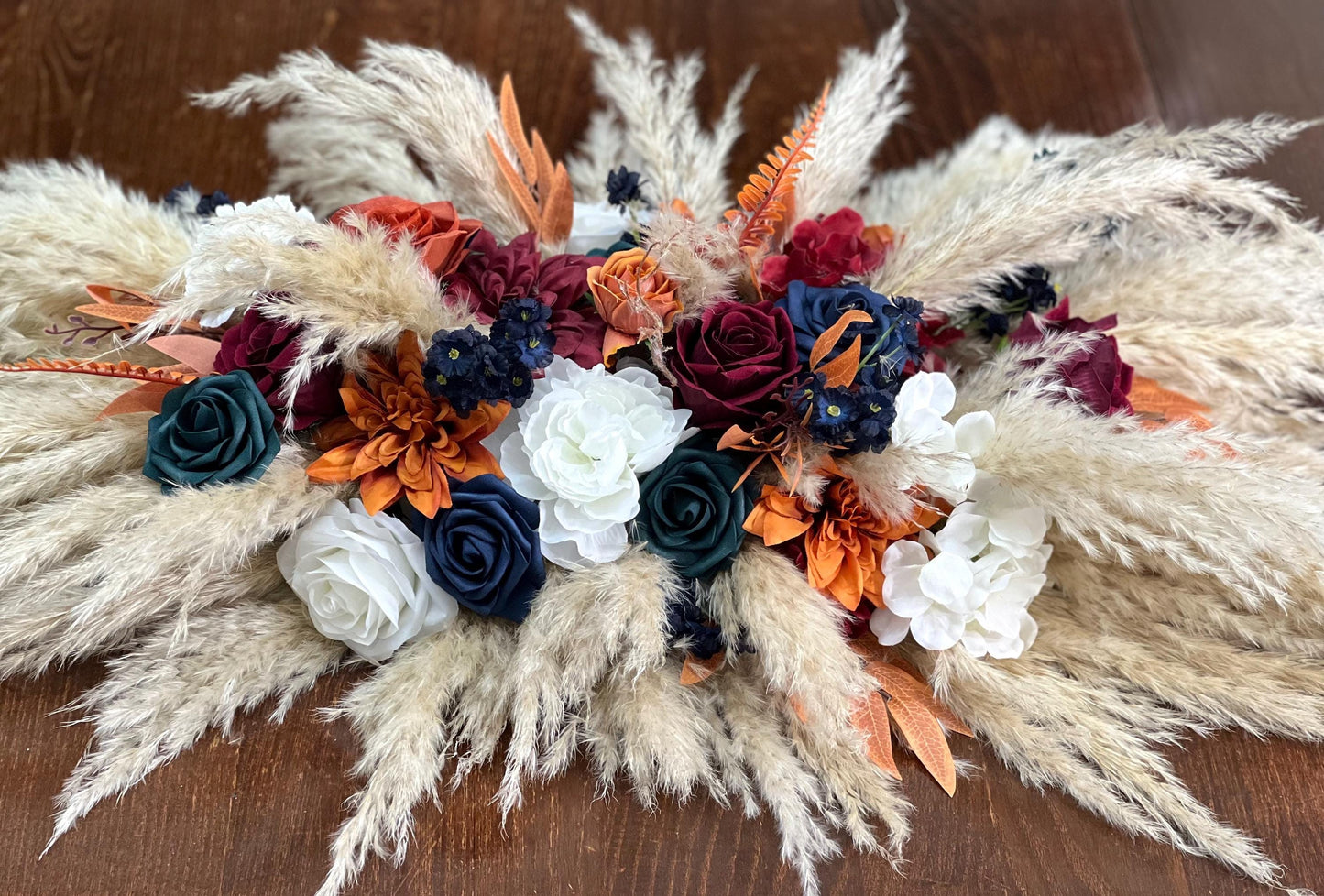 Burnt Orange White Navy Blue Centerpiece Wedding Table Decor Dark Teal Terracotta Burgundy Pampas Grass Sweetheart Boho Artiticial Flower
