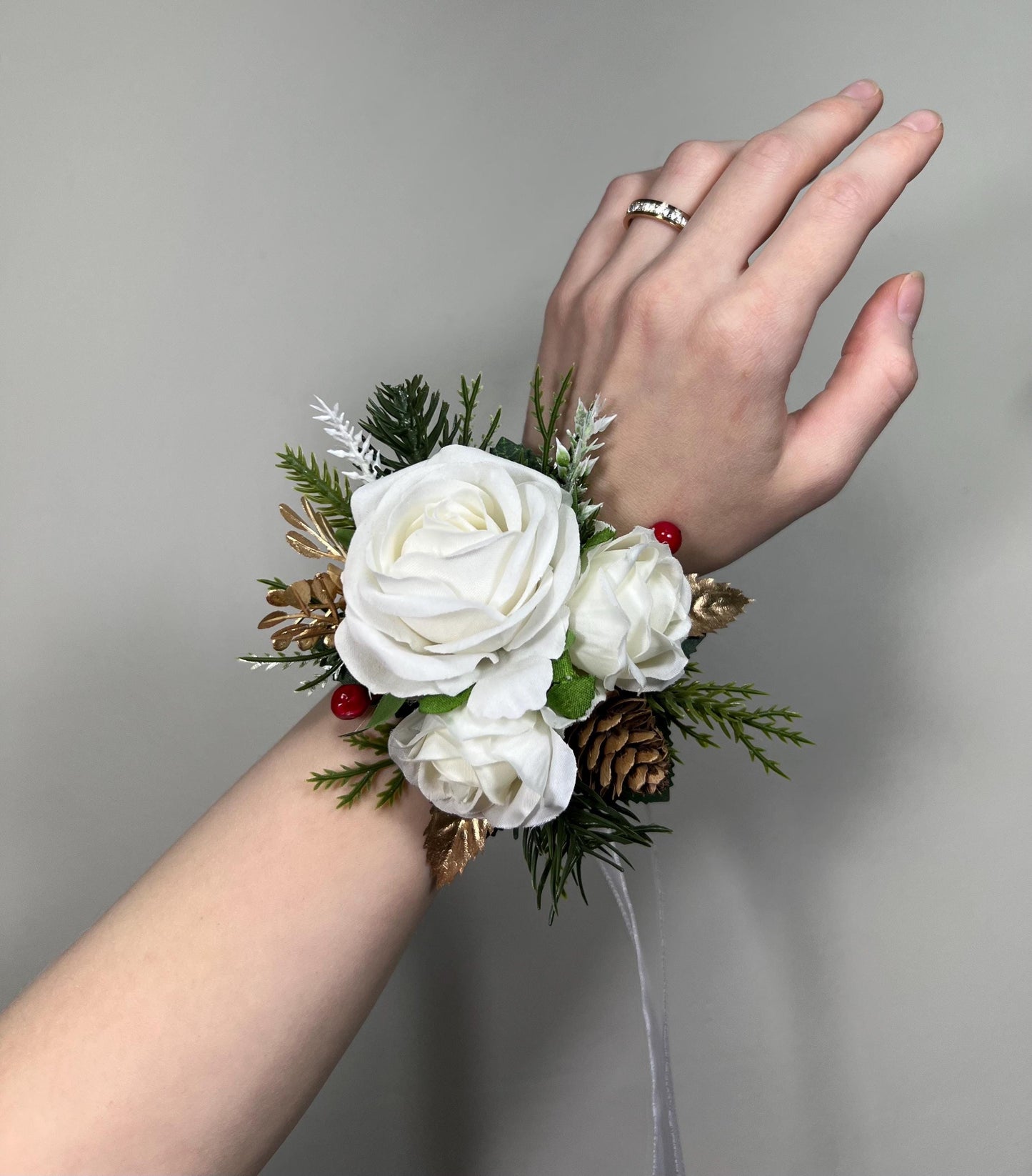 Christmas White Corsage Wedding Wrist Corsage Winter Mother Bridesmaids Wristlet Ivory Rose Holiday Cone Pine Tree Gold Artificial Flower