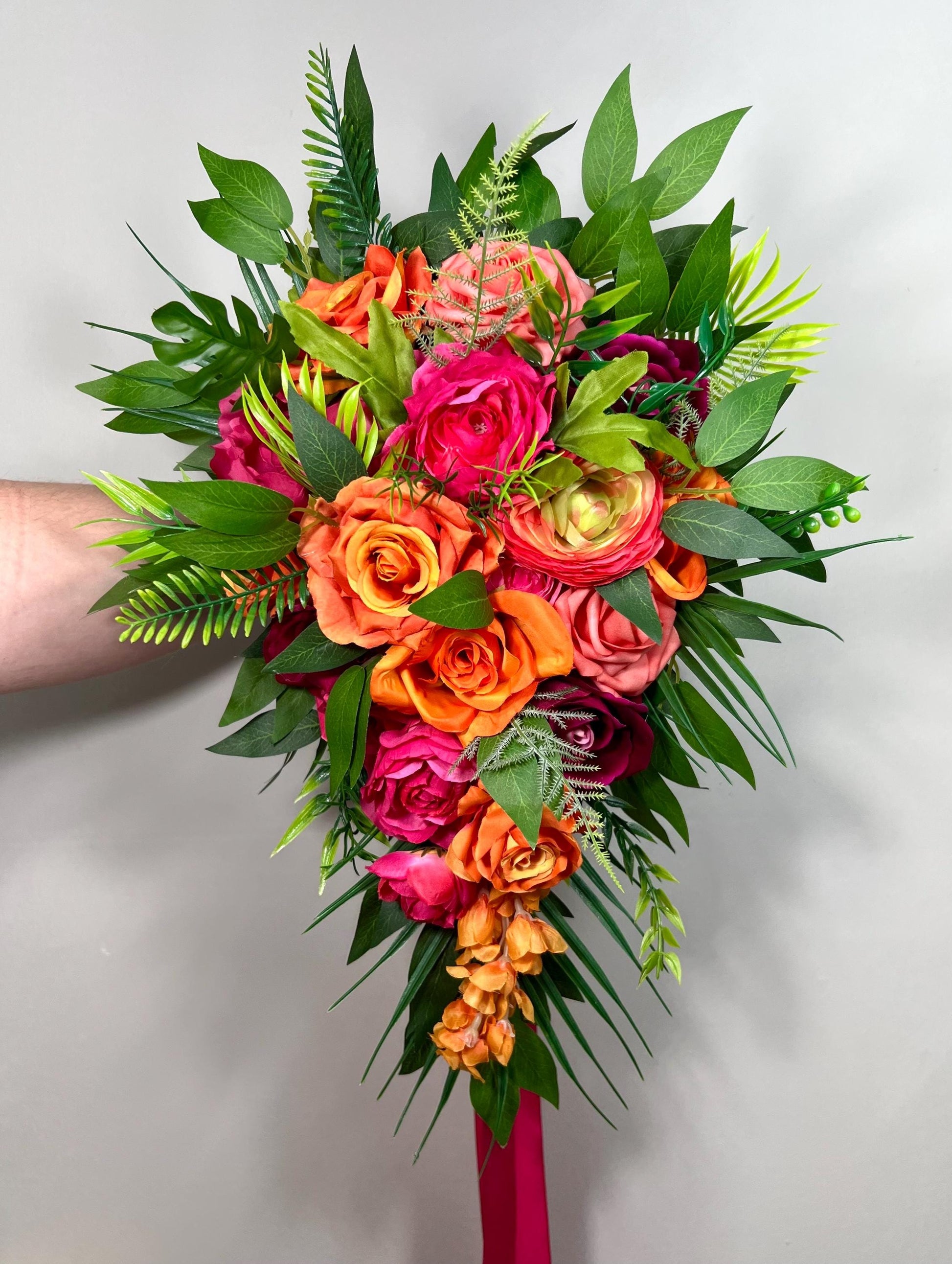 Tropical Bouquet Wedding Hot Pink Orange Bridal Vibrant Bouquet Summer Bridesmaids Ranunculus Fuchsia Magenta Burnt Orange Coral Artificial
