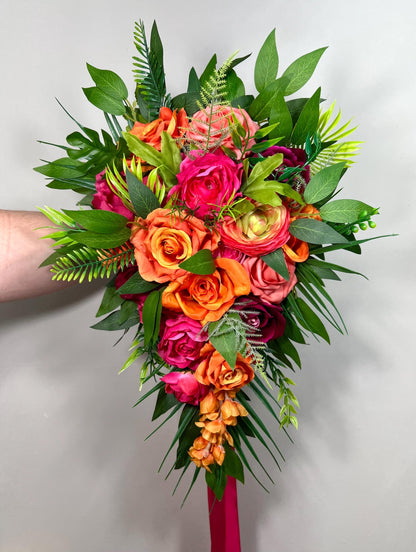 Tropical Bouquet Wedding Hot Pink Orange Bridal Vibrant Bouquet Summer Bridesmaids Ranunculus Fuchsia Magenta Burnt Orange Coral Artificial