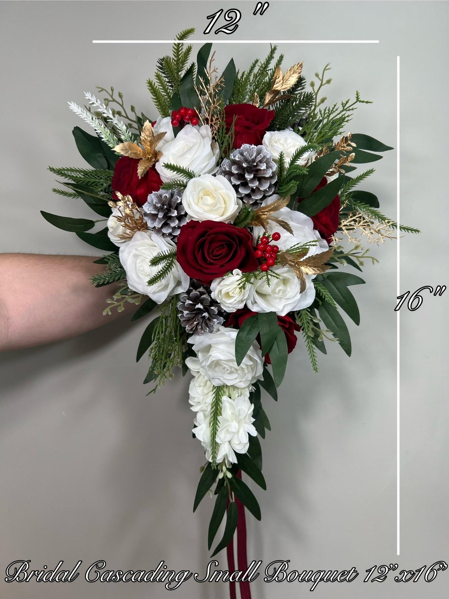 Christmas Cascading Bouquet Bridal Wedding White Red Winter Bouquet Cascade Pine Cones Bridesmaids Ivory Dark Red Gold Artificial Flower