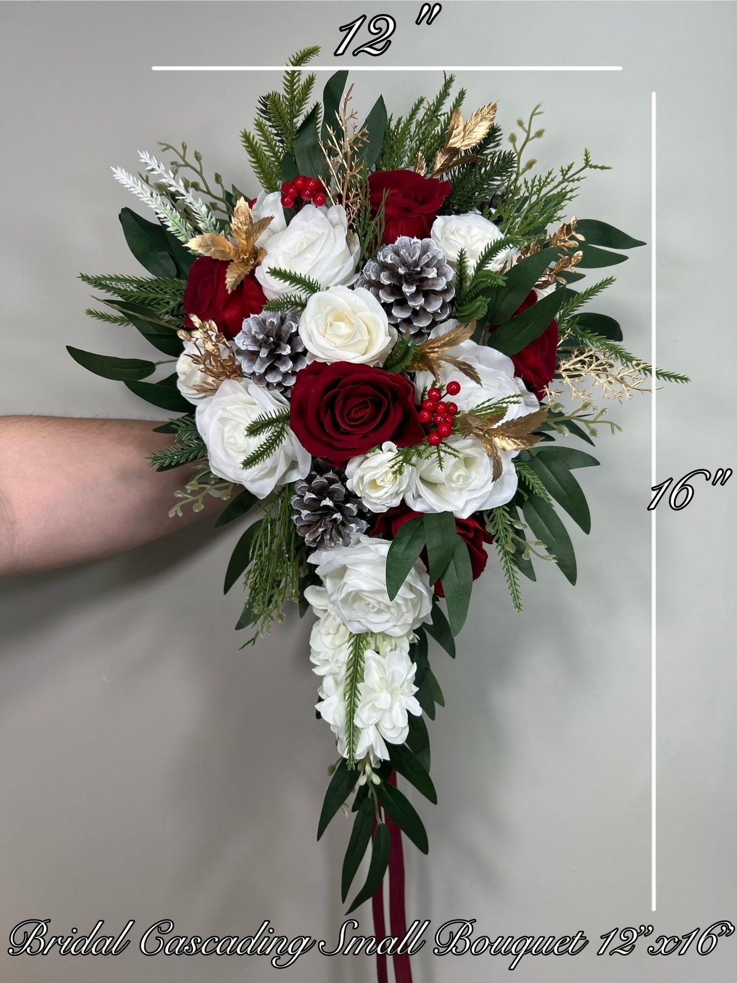 Christmas Cascading Bouquet Bridal Wedding White Red Winter Bouquet Cascade Pine Cones Bridesmaids Ivory Dark Red Gold Artificial Flower