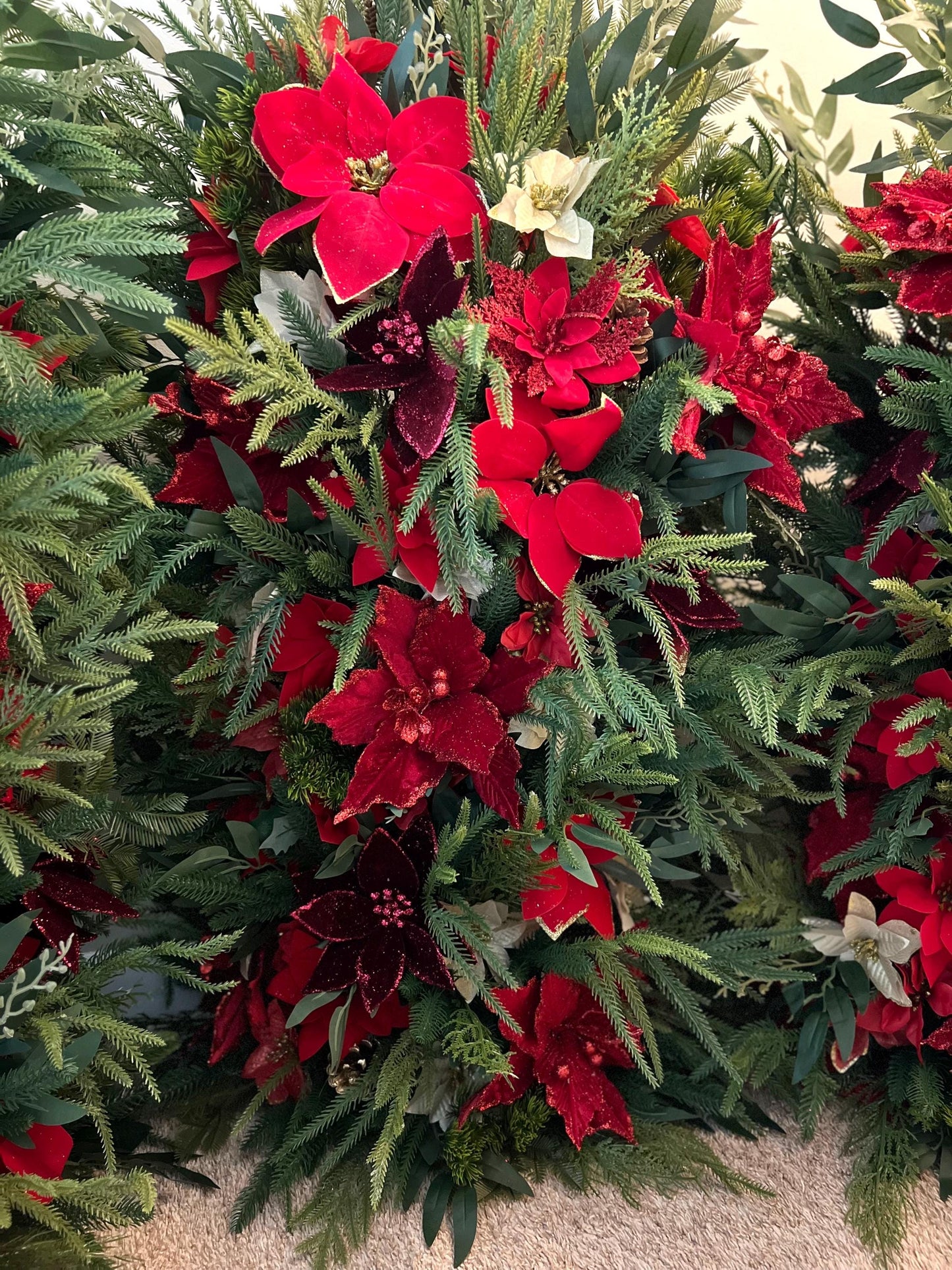 Christmas Aisle Marker Poinsettia Wedding Red Winter Ground Arch Holiday Wedding Backdrop Evergreen Pine Tree Gold Barrel Whiskey Decor