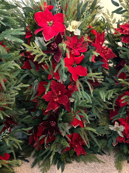 Christmas Aisle Marker Poinsettia Wedding Red Winter Ground Arch Holiday Wedding Backdrop Evergreen Pine Tree Gold Barrel Whiskey Decor