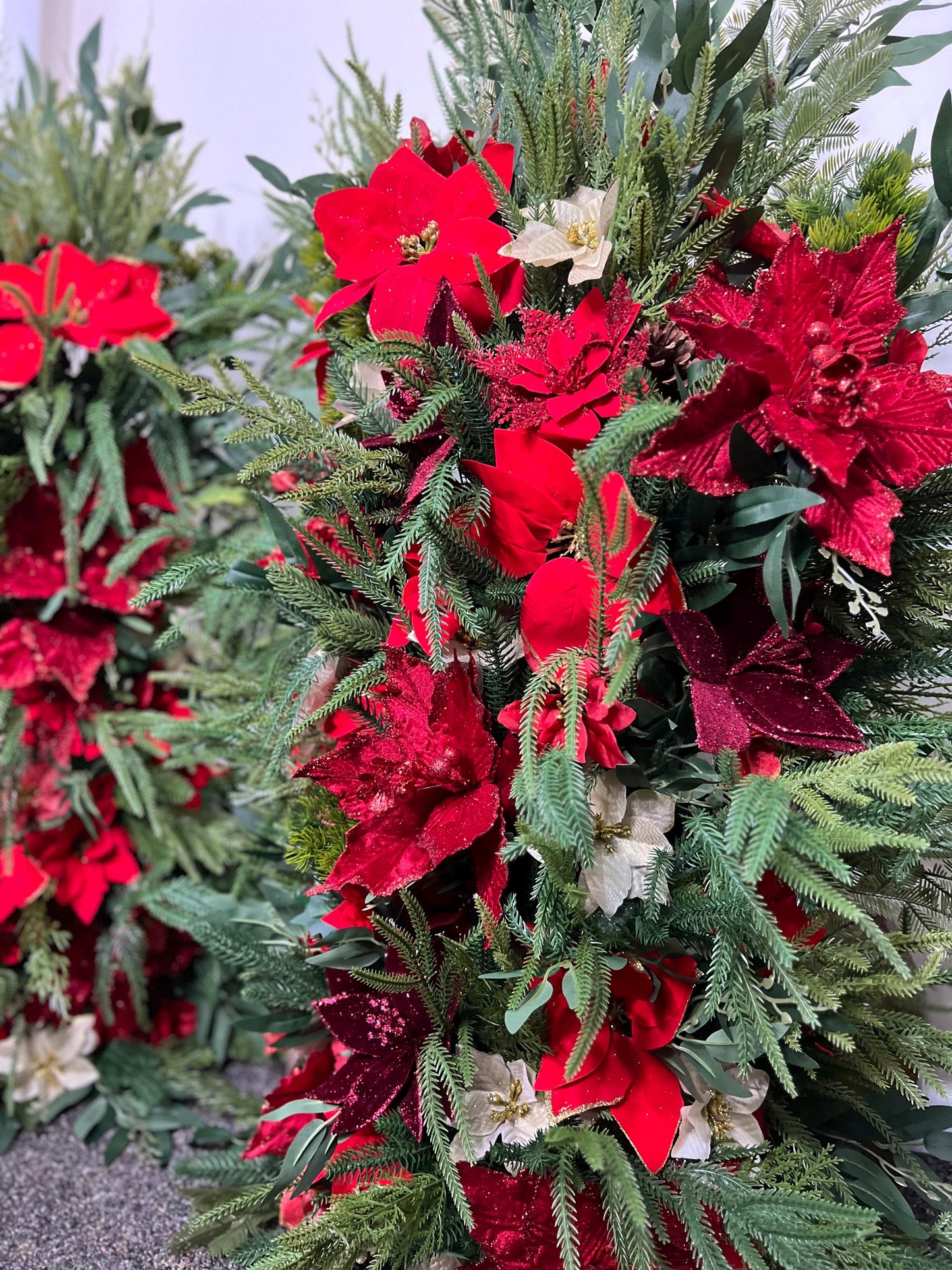 Christmas Aisle Marker Poinsettia Wedding Red Winter Ground Arch Holiday Wedding Backdrop Evergreen Pine Tree Gold Barrel Whiskey Decor