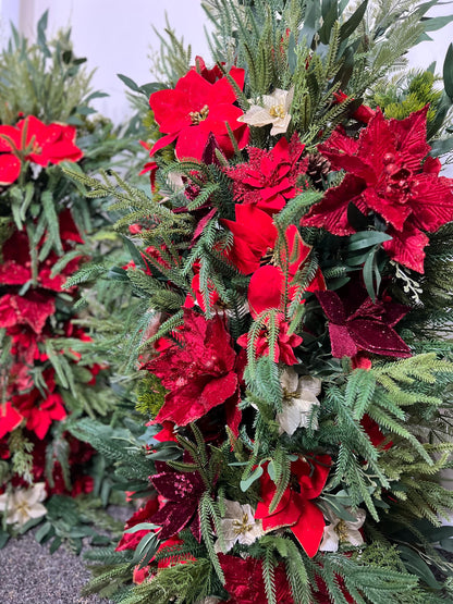 Christmas Aisle Marker Poinsettia Wedding Red Winter Ground Arch Holiday Wedding Backdrop Evergreen Pine Tree Gold Barrel Whiskey Decor