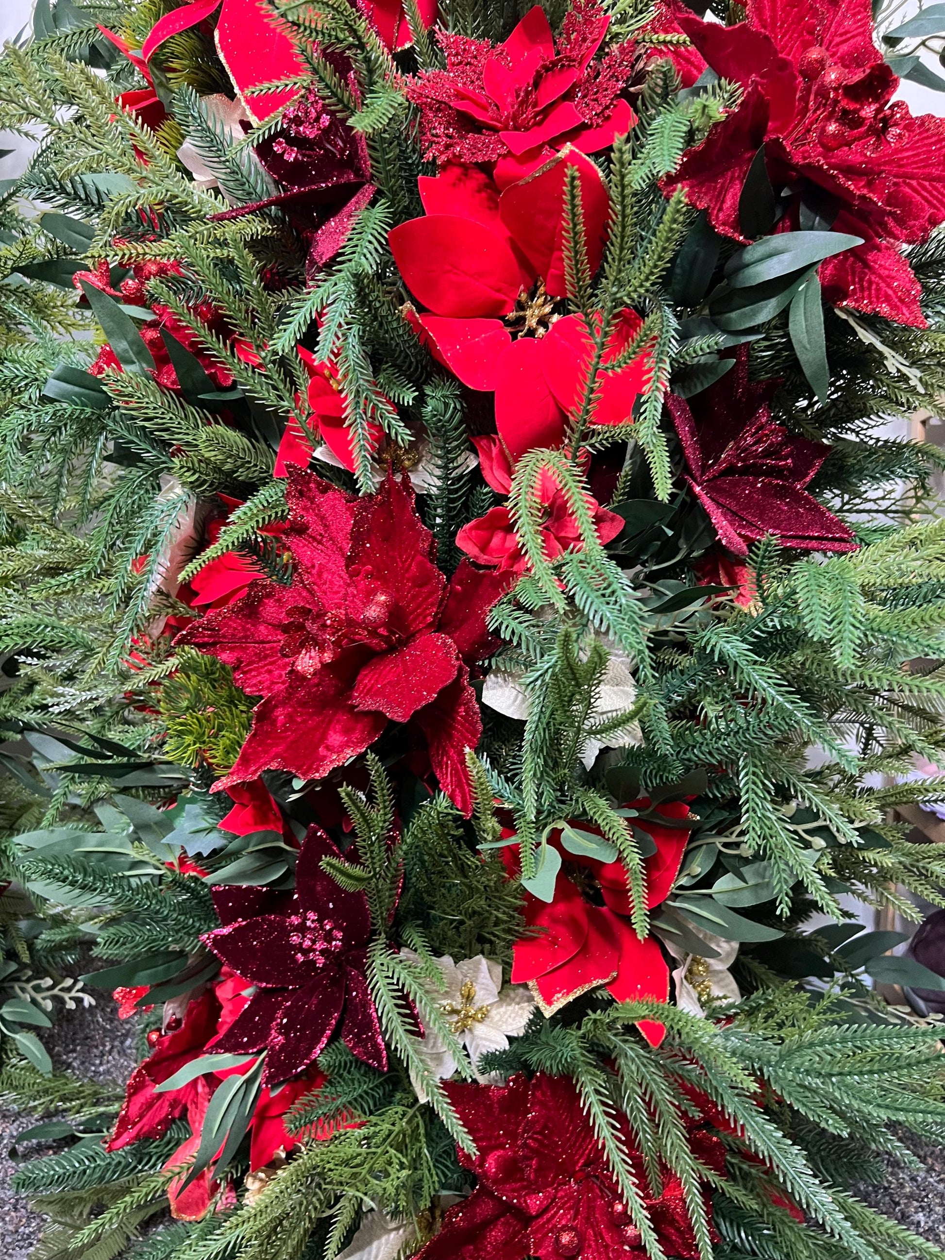 Christmas Aisle Marker Poinsettia Wedding Red Winter Ground Arch Holiday Wedding Backdrop Evergreen Pine Tree Gold Barrel Whiskey Decor