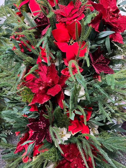 Christmas Aisle Marker Poinsettia Wedding Red Winter Ground Arch Holiday Wedding Backdrop Evergreen Pine Tree Gold Barrel Whiskey Decor