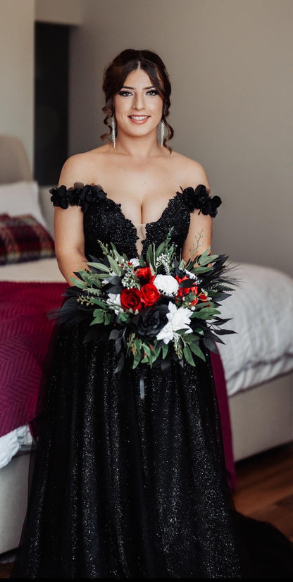 Black Red Bouquet White Wedding Bridal Gothic Bridesmaids Bouquet Dark Red Black Ivory Eucalyptus Baby Breath Artificial Flowers