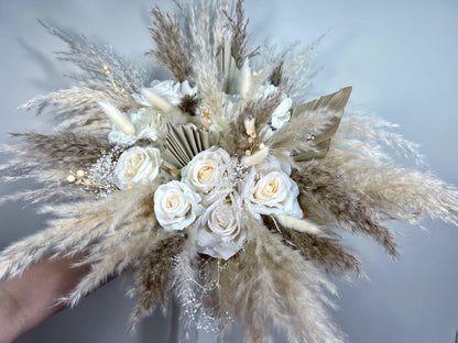 White Bouquet Wedding Boho Bridal Pampas Grass Bouquet White Bridesmaids Ivory Beige Bouquet Palm Leaves Baby Breath Artificial Flowers