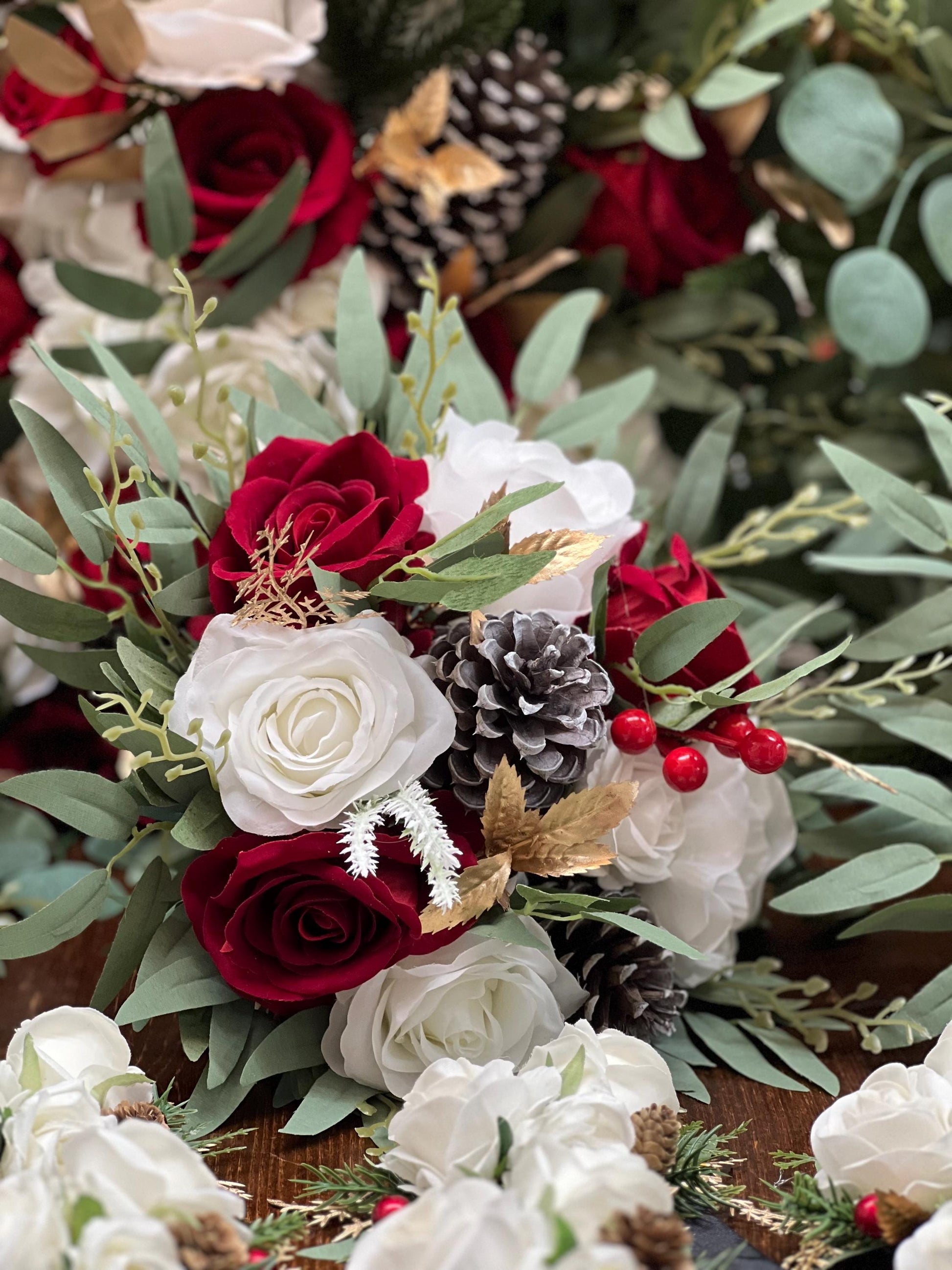 Wedding Cascade Christmas Bouquet Cascading White Winter Red Christmas Bridal Ivory Rustic Bridesmaids Bouquet Gold Christmas Tree Pine Cone
