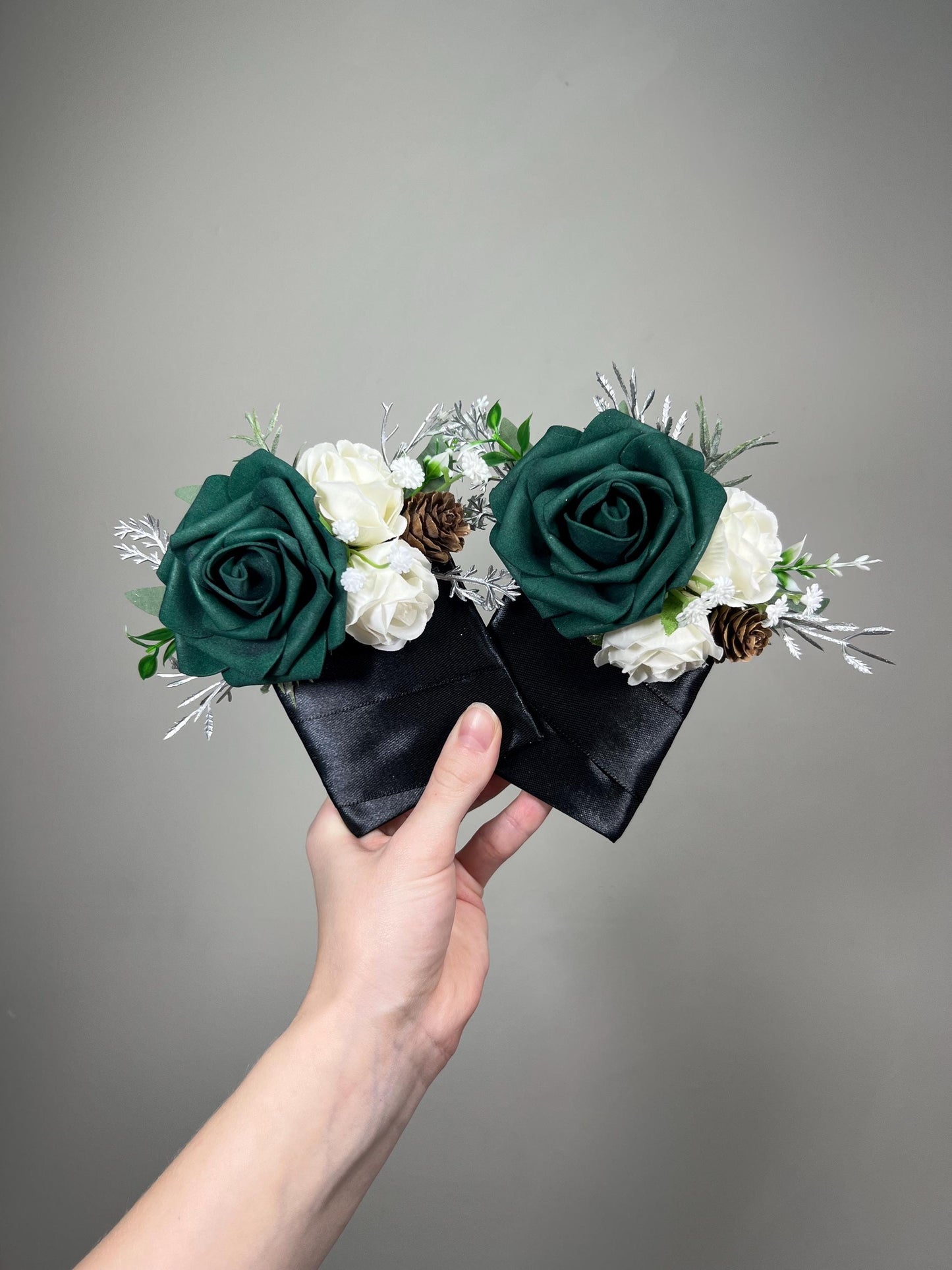 Emerald Green Bouquet Bridal Cascade White Bouquet Bridesmaids Hunter Green Forest Silver Cascading Bouquet Pine Cone Artificial Flower