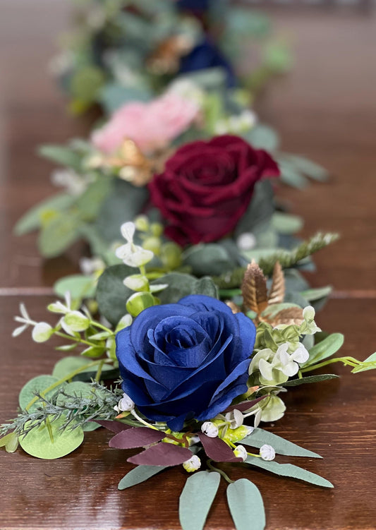 Navy Blue Burgundy Garland Wedding Dusty Rose Eucalyptus Garland Dark Blue Red Greenery Decor Table Runner Mantle Garland Artificial