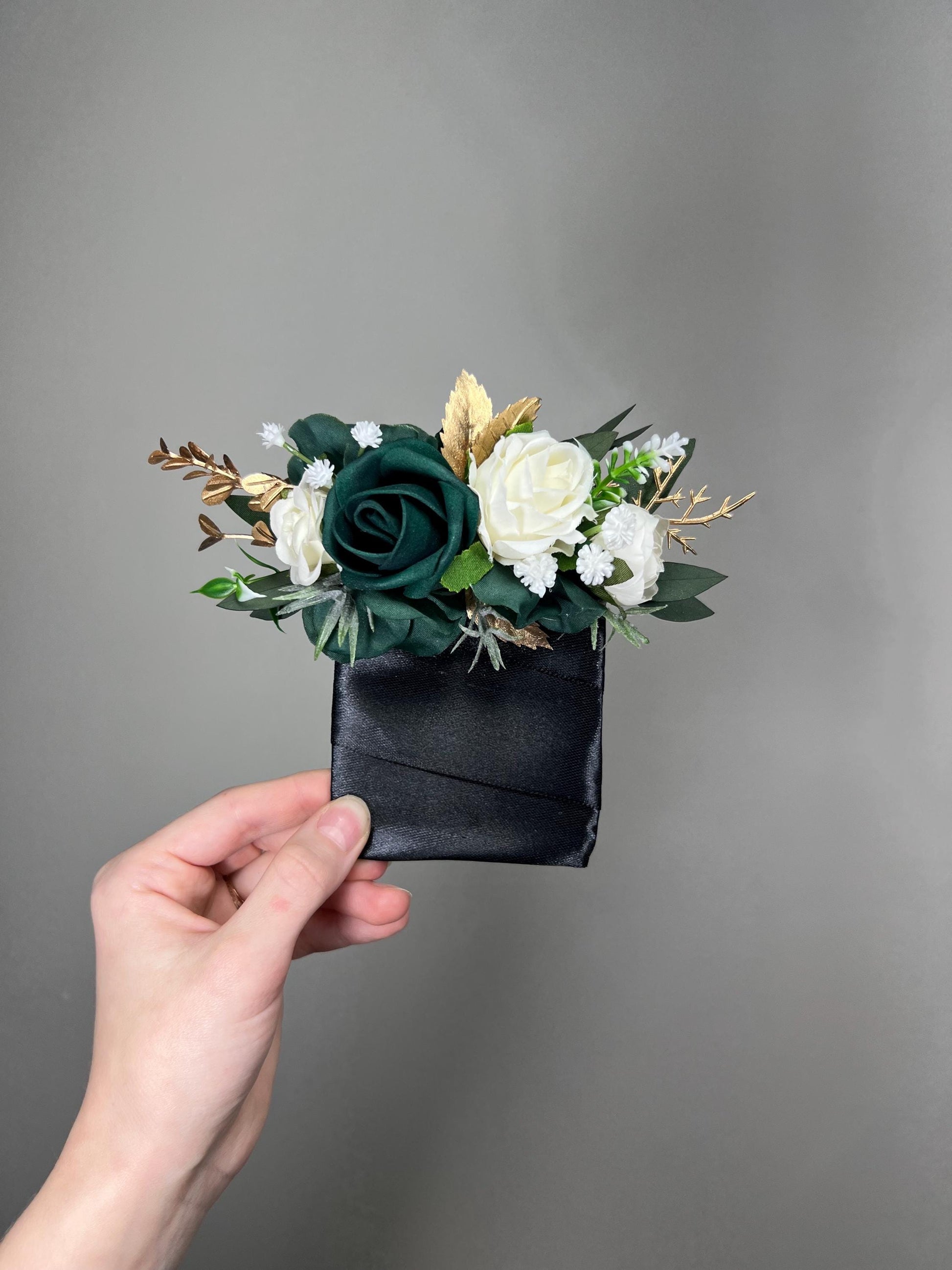 Emerald Green Pocket Boutonniere Wedding Groom White Hunter Green Forest Groomsmen Square Boutonniere Gold Eucalyptus Artificial Flower