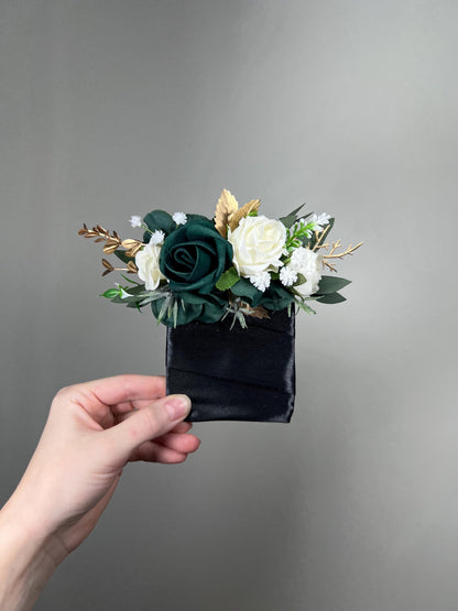 Emerald Green Pocket Boutonniere Wedding Groom White Hunter Green Forest Groomsmen Square Boutonniere Gold Eucalyptus Artificial Flower