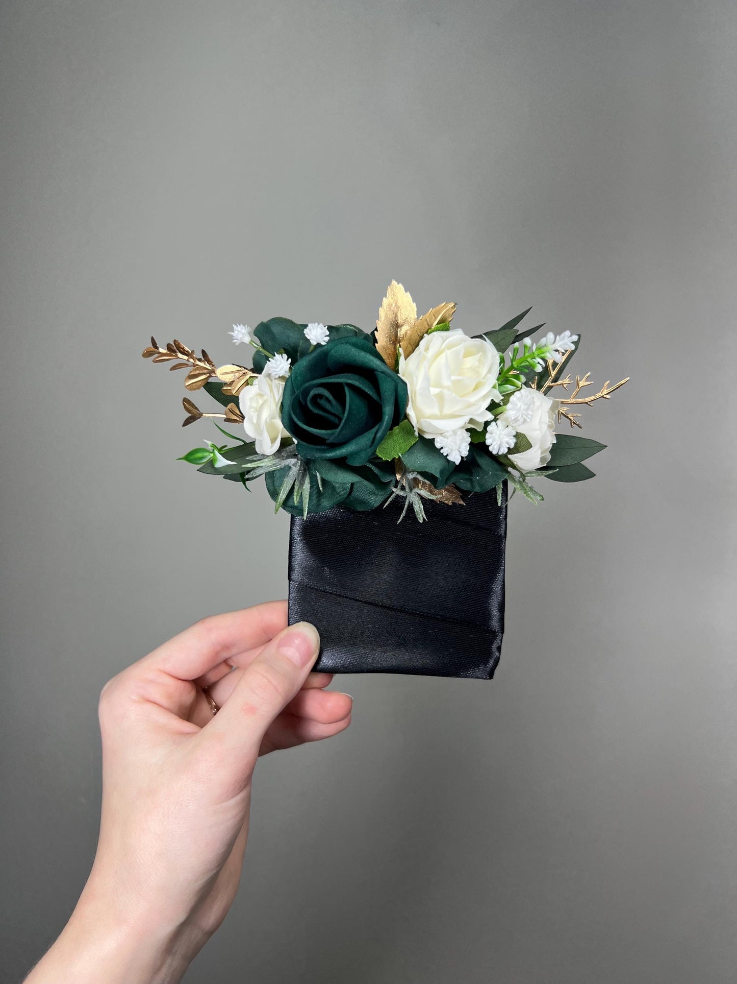 Emerald Green Pocket Boutonniere Wedding Groom White Hunter Green Forest Groomsmen Square Boutonniere Gold Eucalyptus Artificial Flower