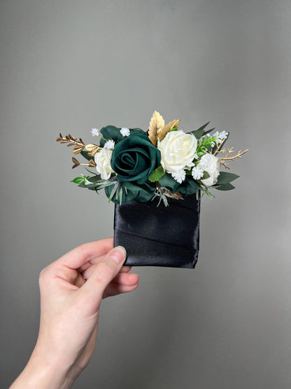 Emerald Green Pocket Boutonniere Wedding Groom White Hunter Green Forest Groomsmen Square Boutonniere Gold Eucalyptus Artificial Flower