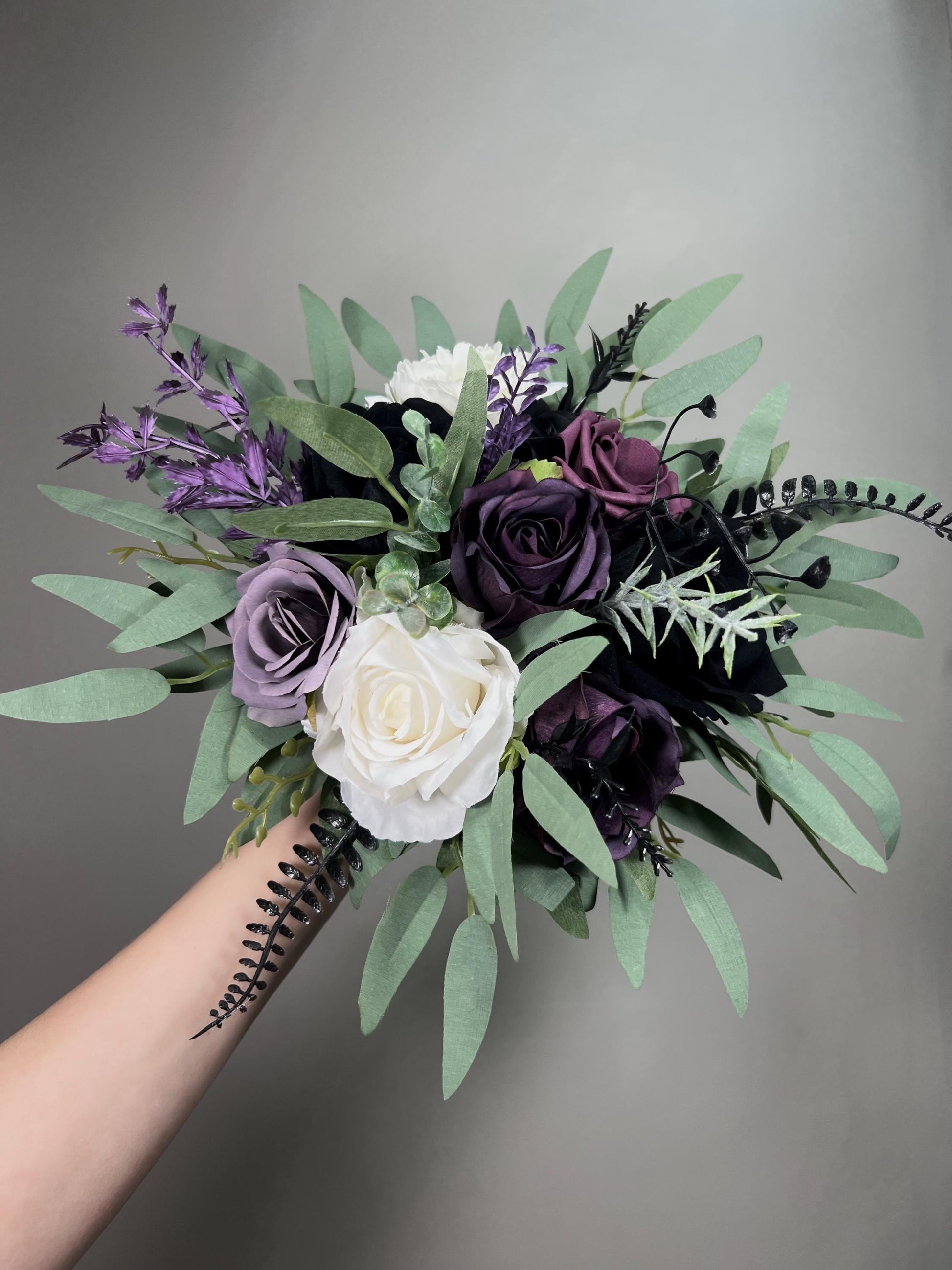 Black Plum White Bouquet Wedding Bridal Gothic Bouquet Dark Purple Black Ivory Dusty Sage Green Bridesmaids Bouquet Artiticial Flowers